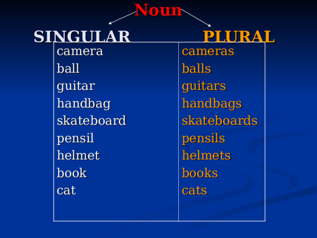 Noun  SINGULAR PLURAL  camera ball guitar handbag skateboard pensil helmet book cat cameras balls guitars handbags skateboards pensils helmets books cats 