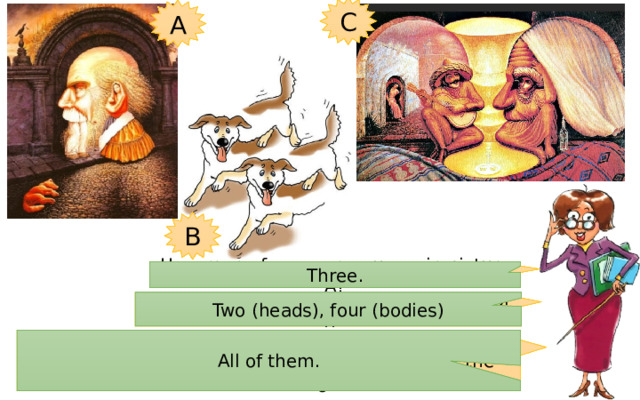 C A B How many faces can you see in picture A? Three. How many dogs are in picture B? – 2,3 or 4? Two (heads), four (bodies) What do you see in picture C – an elderly couple, a vase or two people: one playing the guitar and the other listening? All of them. 