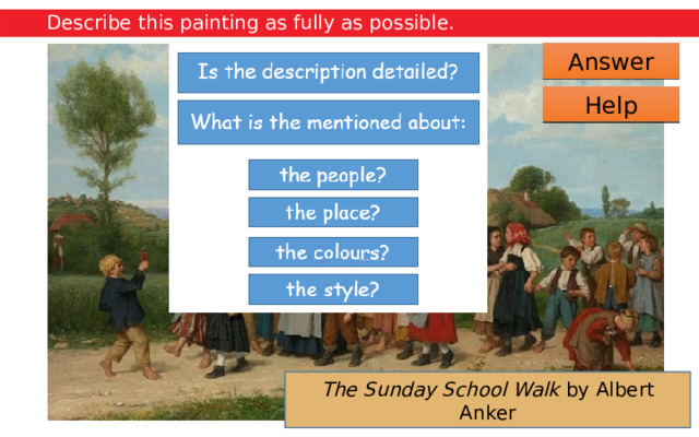 Describe this painting as fully as possible. Answer Help The Sunday School Walk by Albert Anker 