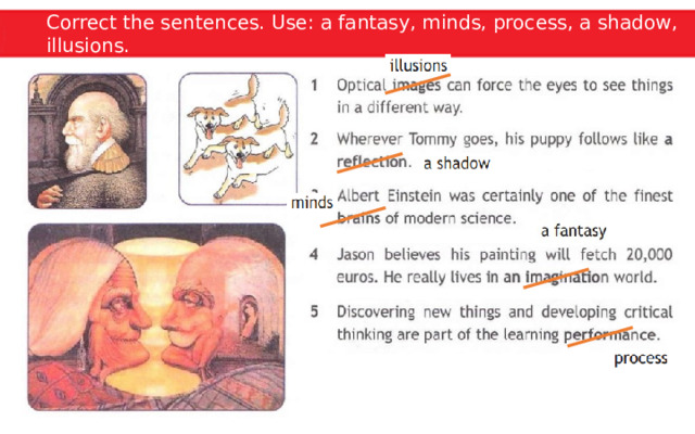 Correct the sentences. Use: a fantasy, minds, process, a shadow, illusions. 