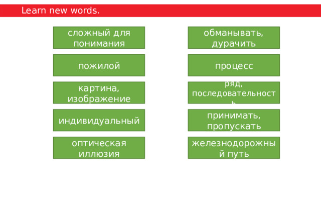 Learn new words. to play tricks on сложный для понимания обманывать, дурачить complicated process процесс elderly пожилой image картина, изображение ряд, последовательность series individual принимать, пропускать to take in индивидуальный train track оптическая иллюзия optical illusion железнодорожный путь 