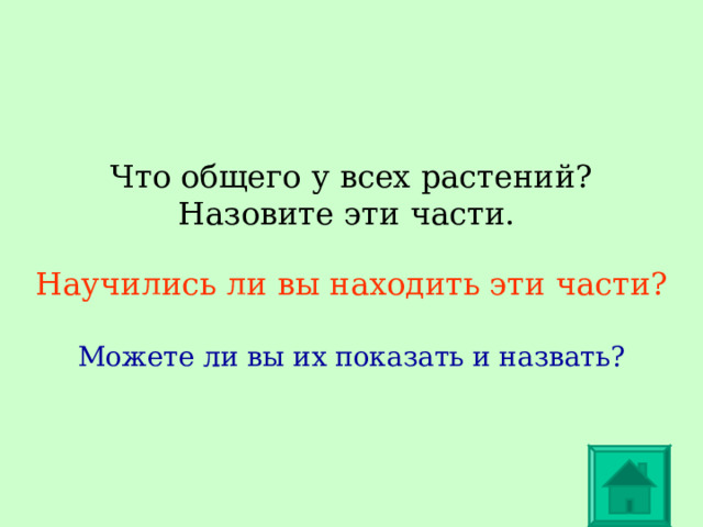 Что общего у всех растений?  Назовите эти части.   Научились ли вы находить эти части?   Можете ли вы их показать и назвать? 