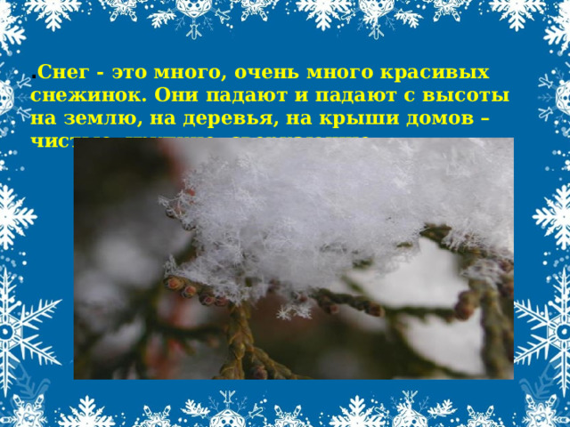 . Снег - это много, очень много красивых снежинок. Они падают и падают с высоты на землю, на деревья, на крыши домов – чистые, хрупкие, сверкающие 
