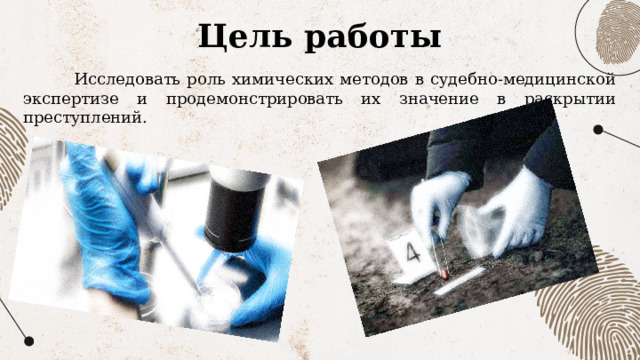 Цель работы   Исследовать роль химических методов в судебно-медицинской экспертизе и продемонстрировать их значение в раскрытии преступлений.  