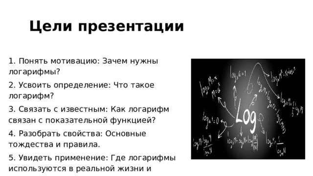  Цели презентации 1. Понять мотивацию: Зачем нужны логарифмы? 2. Усвоить определение: Что такое логарифм? 3. Связать с известным: Как логарифм связан с показательной функцией? 4. Разобрать свойства: Основные тождества и правила. 5. Увидеть применение: Где логарифмы используются в реальной жизни и науке? 
