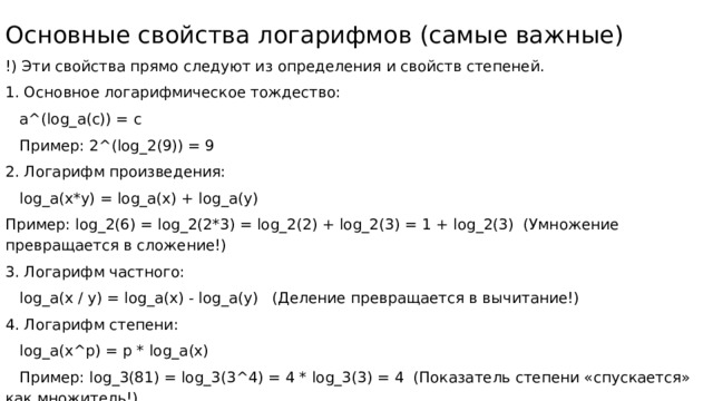 Основные свойства логарифмов (самые важные) !) Эти свойства прямо следуют из определения и свойств степеней. 1. Основное логарифмическое тождество:  a^(log_a(c)) = c  Пример: 2^(log_2(9)) = 9 2. Логарифм произведения:  log_a(x*y) = log_a(x) + log_a(y) Пример: log_2(6) = log_2(2*3) = log_2(2) + log_2(3) = 1 + log_2(3) (Умножение превращается в сложение!) 3. Логарифм частного:  log_a(x / y) = log_a(x) - log_a(y) (Деление превращается в вычитание!) 4. Логарифм степени:  log_a(x^p) = p * log_a(x)  Пример: log_3(81) = log_3(3^4) = 4 * log_3(3) = 4 (Показатель степени «спускается» как множитель!) 