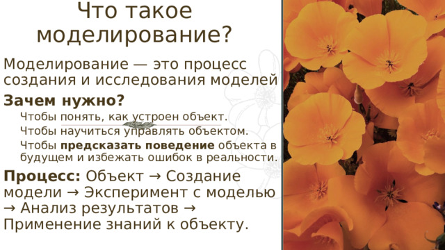 Что такое моделирование? Моделирование — это процесс создания и исследования моделей Зачем нужно? Чтобы понять, как устроен объект. Чтобы научиться управлять объектом. Чтобы  предсказать поведение  объекта в будущем и избежать ошибок в реальности. Процесс:  Объект → Создание модели → Эксперимент с моделью → Анализ результатов → Применение знаний к объекту. 1 