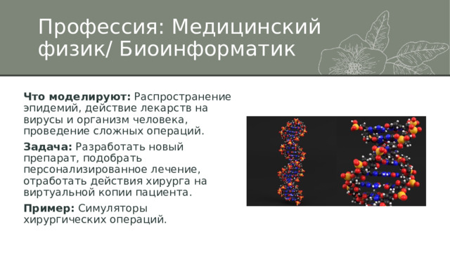 Профессия: Медицинский физик/ Биоинформатик Что моделируют:  Распространение эпидемий, действие лекарств на вирусы и организм человека, проведение сложных операций. Задача:  Разработать новый препарат, подобрать персонализированное лечение, отработать действия хирурга на виртуальной копии пациента. Пример:  Симуляторы хирургических операций. 