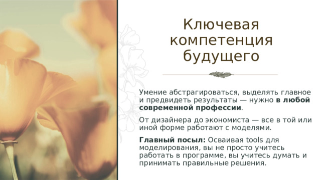 Ключевая компетенция будущего Умение абстрагироваться, выделять главное и предвидеть результаты — нужно  в любой современной профессии . От дизайнера до экономиста — все в той или иной форме работают с моделями. Главный посыл:  Осваивая tools для моделирования, вы не просто учитесь работать в программе, вы учитесь думать и принимать правильные решения. 
