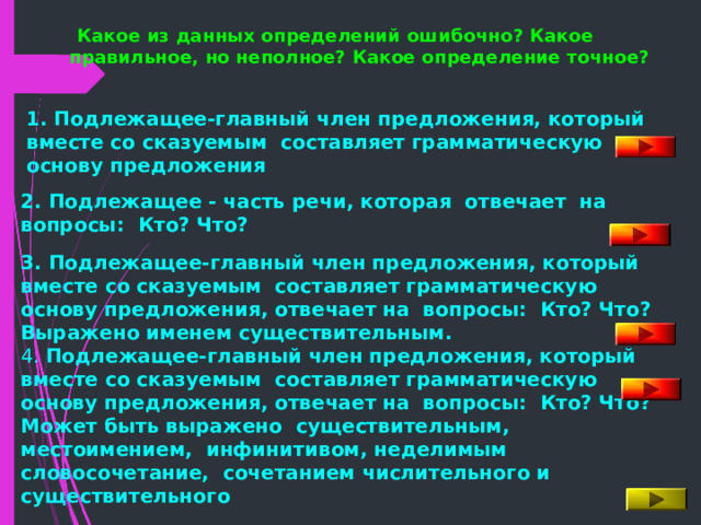  Какое из данных определений ошибочно? Какое правильное, но неполное? Какое определение точное?   1. Подлежащее-главный член предложения, который вместе со сказуемым составляет грамматическую основу предложения 2. Подлежащее - часть речи, которая отвечает на вопросы: Кто? Что? 3. Подлежащее-главный член предложения, который вместе со сказуемым составляет грамматическую основу предложения, отвечает на вопросы: Кто? Что? Выражено именем существительным. 4. Подлежащее-главный член предложения, который вместе со сказуемым составляет грамматическую основу предложения, отвечает на вопросы: Кто? Что? Может быть выражено существительным, местоимением, инфинитивом, неделимым словосочетание, сочетанием числительного и существительного 