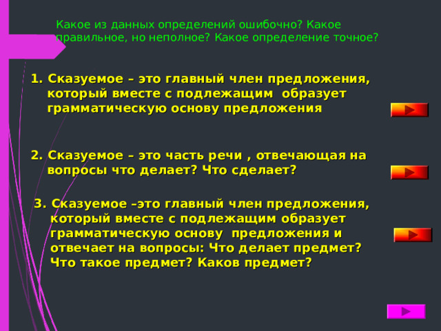 Какое из данных определений ошибочно? Какое правильное, но неполное? Какое определение точное?   1. Сказуемое – это главный член предложения, который вместе с подлежащим образует грамматическую основу предложения  2. Сказуемое – это часть речи , отвечающая на вопросы что делает? Что сделает?  3. Сказуемое –это главный член предложения, который вместе с подлежащим образует грамматическую основу предложения и отвечает на вопросы: Что делает предмет? Что такое предмет? Каков предмет?  
