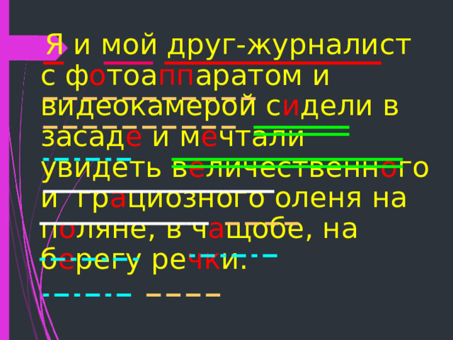  Я и мой друг-журналист с ф о тоа пп аратом и видеокамерой с и дели в засад е и м е чтали увидеть в е личественн о го и гр а циозного оленя на п о ляне, в ч а щобе, на б е регу ре чк и. 