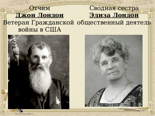 Отчим Сводная сестра Джон Лондон Элиза Лондон Ветеран Гражданской общественный деятель войны в США 