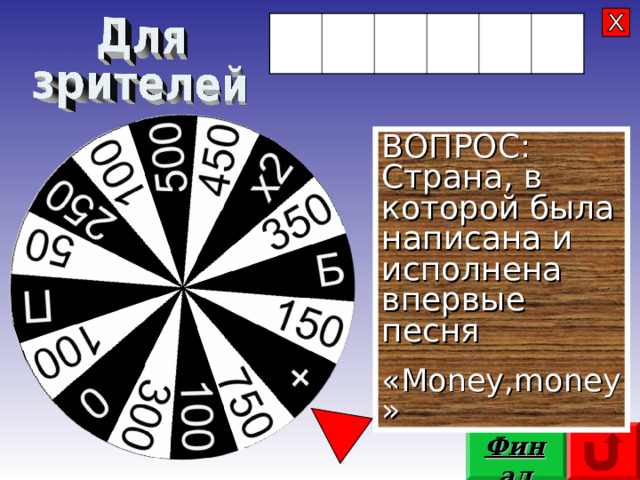 Ш В Е Ц И Я ВОПРОС: Страна, в которой была написана и исполнена впервые песня « Money , money » Финал 