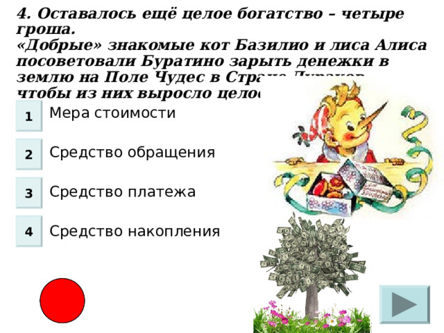4. Оставалось ещё целое богатство – четыре гроша. «Добрые» знакомые кот Базилио и лиса Алиса посоветовали Буратино зарыть денежки в землю на Поле Чудес в Стране Дураков, чтобы из них выросло целое денежное дерево. Мера стоимости Средство обращения Средство платежа Средство накопления 1 2 3 4 