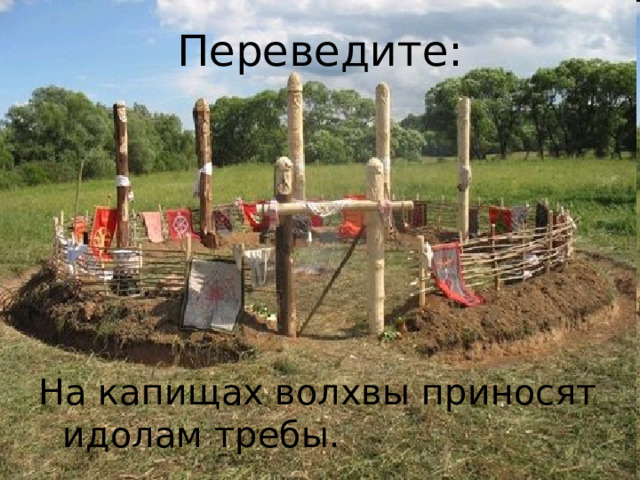 Переведите: На капищах волхвы приносят идолам требы. 