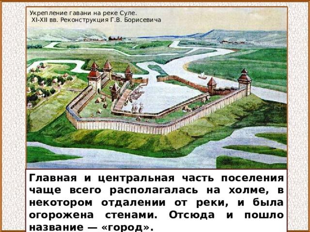 Укрепление гавани на реке Суле.  XI-XII вв. Реконструкция Г.В. Борисевича Главная и центральная часть поселения чаще всего располагалась на холме, в некотором отдалении от реки, и была огорожена стенами. Отсюда и пошло название — «город». 