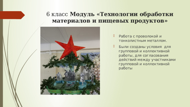 6 класс Модуль «Технологии обработки материалов и пищевых продуктов»   Работа с проволокой и тонколистным металлом. Были созданы условия для групповой и коллективной работы, для согласования действий между участниками групповой и коллективной работы 