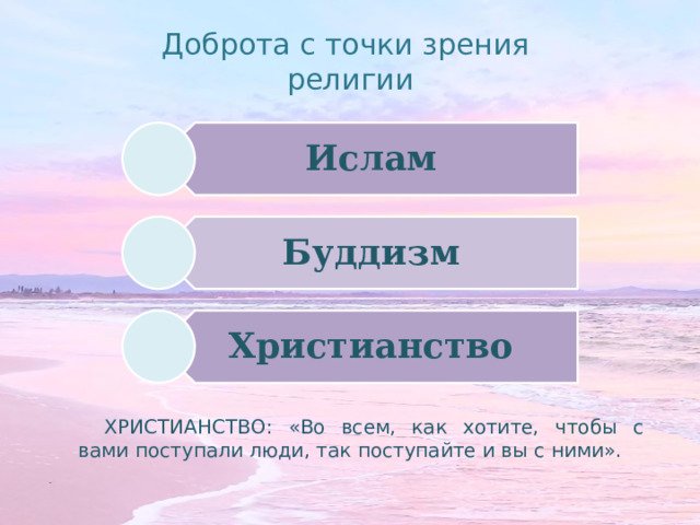 Ислам Буддизм Христианство Доброта с точки зрения  религии ХРИСТИАНСТВО: «Во всем, как хотите, чтобы с вами поступали люди, так поступайте и вы с ними».  