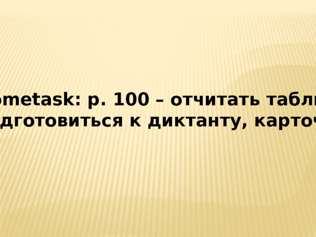 Hometask: p. 100 – отчитать таблицу,  подготовиться к диктанту, карточка 