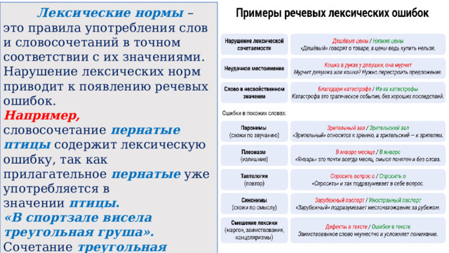  Лексические нормы – это правила употребления слов и словосочетаний в точном соответствии с их значениями. Нарушение лексических норм приводит к появлению речевых ошибок. Например, словосочетание  пернатые птицы   содержит лексическую ошибку, так как прилагательное  пернатые  уже употребляется в значении  птицы . «В спортзале висела треугольная груша». Сочетание треугольная груша неверно, так как в значение слова груша не входит понятие формы треугольная. Значение слова можно узнать в Толковом словаре. 