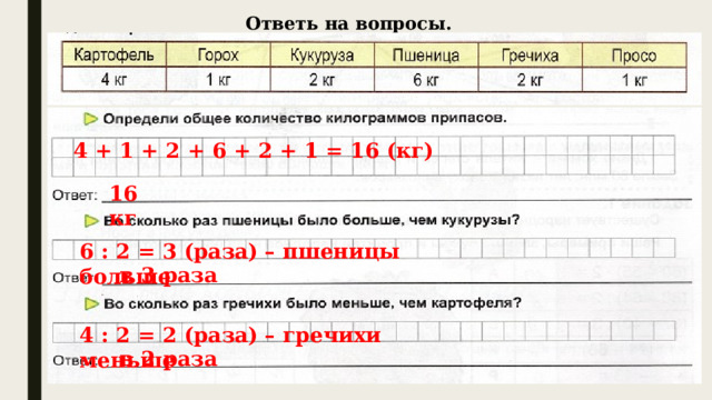 Ответь на вопросы. 4 + 1 + 2 + 6 + 2 + 1 = 16 (кг) 16 кг 6 : 2 = 3 (раза) – пшеницы больше в 3 раза 4 : 2 = 2 (раза) – гречихи меньше в 2 раза  