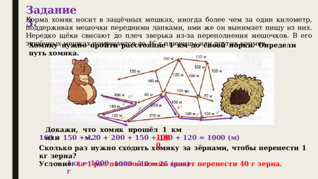 Задание 3. Корма хомяк носит в защёчных мешках, иногда более чем за один километр, поддерживая мешочки передними лапками, ими же он вынимает пищу из них. Нередко щёки свисают до плеч зверька из-за переполнения мешочков. В его защёчных мешках помещается до 46 г пшеницы или других кормов. Хомяку нужно пройти расстояние 1 км до своей норки. Определи путь хомяка.  1000 Докажи, что хомяк прошёл 1 км или  м. 160 + 150 + 120 + 200 + 150 + 100 + 120 = 1000 (м) Сколько раз нужно сходить хомяку за зёрнами, чтобы перенести 1 кг зерна? Условие: за 1 раз полевой хомяк может перенести 40 г зерна. 1кг = 1000 г 1000 : 40 = 25 (раз) 