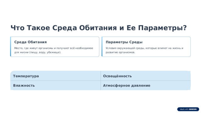  Что Такое Среда Обитания и Ее Параметры? Среда Обитания Параметры Среды Место, где живут организмы и получают всё необходимое для жизни (пищу, воду, убежище). Условия окружающей среды, которые влияют на жизнь и развитие организмов. Освещённость Температура Влажность Атмосферное давление 