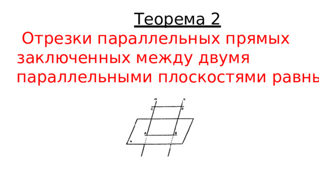  Теорема 2    Отрезки параллельных прямых заключенных между двумя параллельными плоскостями равны 