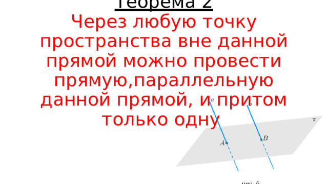 Теорема 2  Через любую точку пространства вне данной прямой можно провести прямую,параллельную данной прямой, и притом только одну 