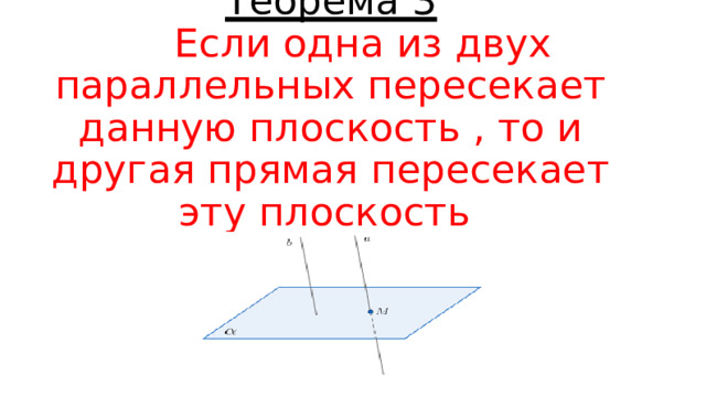 Теорема 3    Если одна из двух параллельных пересекает данную плоскость , то и другая прямая пересекает эту плоскость   