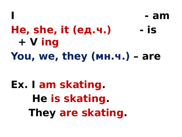 I - am He, she, it (ед.ч.) - is + V ing You, we, they (мн.ч.) – are  Ex. I am skating .  He is skating .  They are skating . 