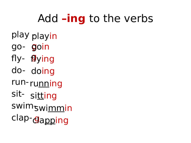 Add –ing to the verbs play - go- fly- do- run- sit- swim- clap- play ing go ing  fly ing  do ing ru nn ing  si tt ing swi mm ing cla pp ing 