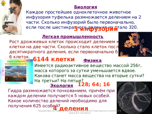 Биология Каждое простейшее одноклеточное животное инфузория туфелька размножается делением на 2 части. Сколько инфузорий было первоначально, если после шестикратного деления их стало 320.  5 инфузорий  Легкая промышленность Рост дрожжевых клеток происходит делением каждой клетки на две части. Сколько стало клеток после их десятикратного деления, если первоначально было 6 клеток. 6144 клетки Физика Имеется радиоактивное вещество массой 256г, масса которого за сутки уменьшается вдвое. Какова станет масса вещества на вторые сутки? На третьи? На пятые? 128; 64; 16 Экология Гидра размножается почкованием, причём при каждом делении получается 5 новых особей. Какое количество делений необходимо для получения 625 особей? 4 деления Черноволова Е.В. Севастопольский кадетский корпус Следственного комитета РФ имени В.И. Истомина 