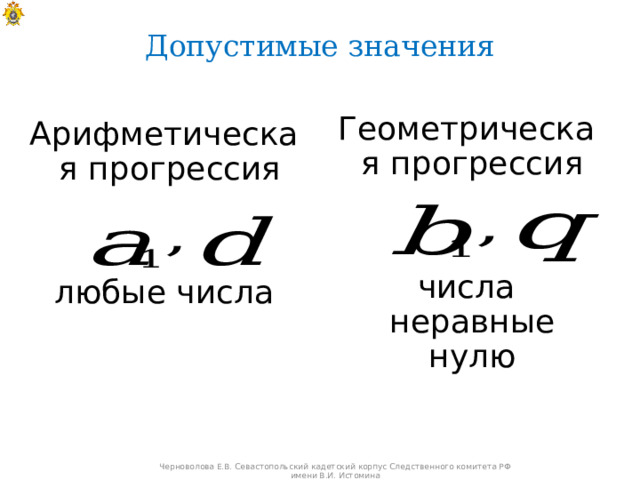 Допустимые значения Геометрическая прогрессия числа неравные нулю Арифметическая прогрессия любые числа Черноволова Е.В. Севастопольский кадетский корпус Следственного комитета РФ имени В.И. Истомина 