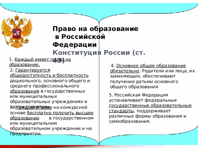 Право на образование  в Российской Федерации Конституция России (ст. 43) 1. Каждый имеет право на образование.  4. Основное общее образование обязательно . Родители или лица, их заменяющие, обеспечивают получение детьми основного общего образования 2. Гарантируется общедоступность и бесплатность дошкольного, основного общего и среднего профессионального образования в государственных или муниципальных образовательных учреждениях и на предприятиях. 5. Российская Федерация устанавливает федеральные государственные образовательные стандарты , поддерживает различные формы образования и самообразования. 3. Каждый вправе на конкурсной основе бесплатно получить высшее образование в государственном или муниципальном образовательном учреждении и на предприятии. 