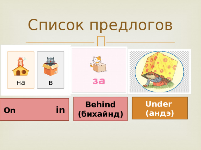 Список предлогов Behind Under (бихайнд) (андэ) On  in 
