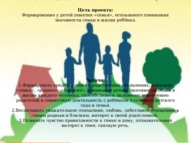 Цель проекта:  Формирование у детей понятия «семья», осознанного понимания значимости семьи в жизни ребёнка.               Задачи:  1.Формировать представления о родственных отношениях, понятиях «семья», «родные», «близкие», понимание детьми значимости семьи в жизни каждого человека, способствовать активному вовлечению родителей в совместную деятельность с ребёнком в условиях детского сада и семьи.  2.Воспитывать уважительное отношение, любовь, заботливое отношение к своим родным и близким, интерес к своей родословной.  3.Развивать чувство привязанности к семье и дому, познавательный интерес к теме, связную речь.   