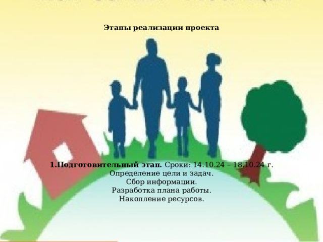 Этапы реализации проекта                 1.Подготовительный этап. Сроки: 14.10.24 – 18.10.24 г.  Определение цели и задач.  Сбор информации.  Разработка плана работы.  Накопление ресурсов.   