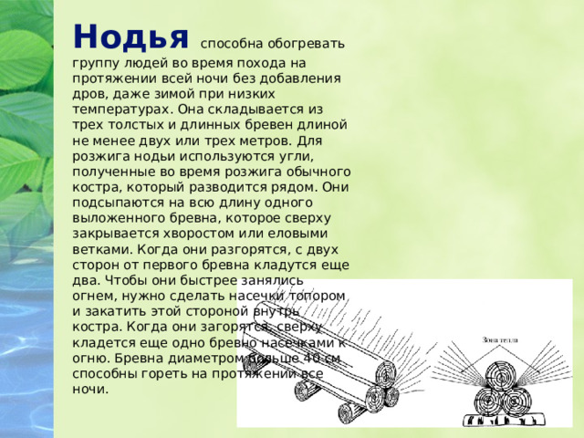 Нодья способна обогревать группу людей во время похода на протяжении всей ночи без добавления дров, даже зимой при низких температурах. Она складывается из трех толстых и длинных бревен длиной не менее двух или трех метров. Для розжига нодьи используются угли, полученные во время розжига обычного костра, который разводится рядом. Они подсыпаются на всю длину одного выложенного бревна, которое сверху закрывается хворостом или еловыми ветками. Когда они разгорятся, с двух сторон от первого бревна кладутся еще два. Чтобы они быстрее занялись огнем, нужно сделать насечки топором и закатить этой стороной внутрь костра. Когда они загорятся, сверху кладется еще одно бревно насечками к огню. Бревна диаметром больше 40 см способны гореть на протяжении все ночи. 