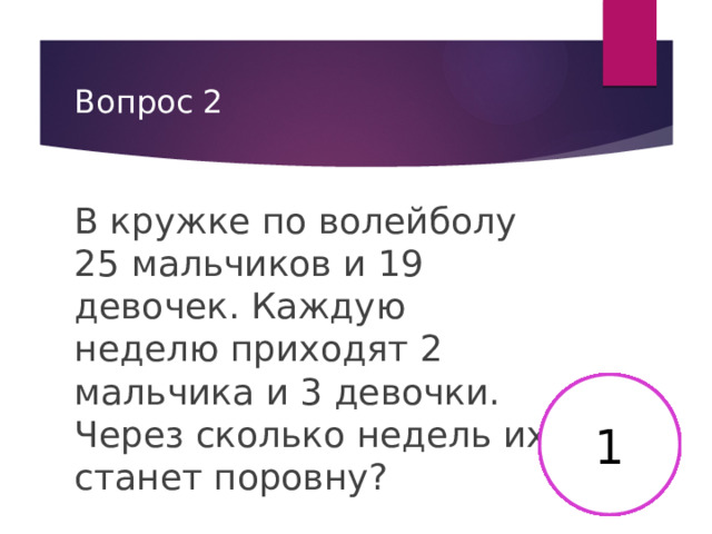 Вопрос 2 В кружке по волейболу 25 мальчиков и 19 девочек. Каждую неделю приходят 2 мальчика и 3 девочки. Через сколько недель их станет поровну? 2 3 4 5 6 7 8 9 10 11 12 13 14 15 16 17 18 19 20 21 22 23 24 25 26 27 28 29 30 1 