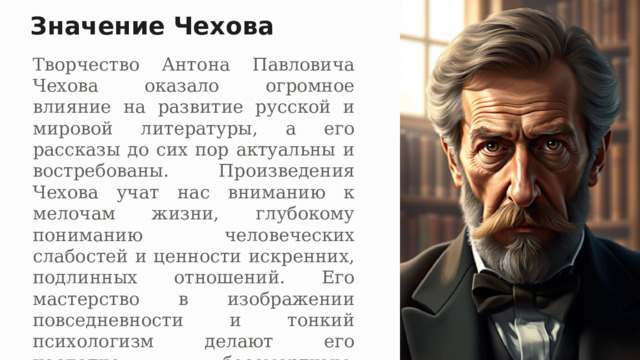 Значение Чехова Творчество Антона Павловича Чехова оказало огромное влияние на развитие русской и мировой литературы, а его рассказы до сих пор актуальны и востребованы. Произведения Чехова учат нас вниманию к мелочам жизни, глубокому пониманию человеческих слабостей и ценности искренних, подлинных отношений. Его мастерство в изображении повседневности и тонкий психологизм делают его наследие бессмертным, побуждая читателей к самоанализу и эмпатии. 