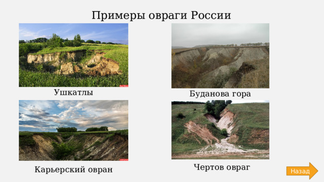 Примеры овраги России Ушкатлы Буданова гора Чертов овраг Назад Карьерский овран 