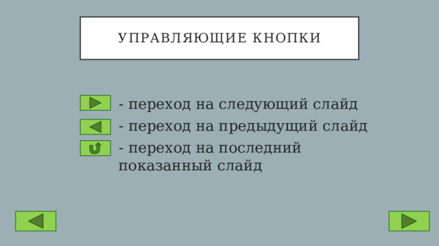 Управляющие кнопки - переход на следующий слайд - переход на предыдущий слайд - переход на последний показанный слайд 