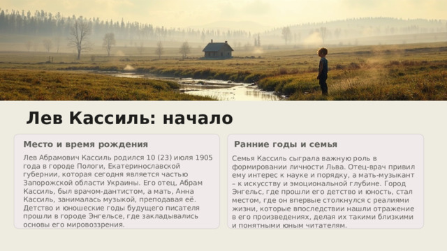 Лев Кассиль: начало Место и время рождения Ранние годы и семья Лев Абрамович Кассиль родился 10 (23) июля 1905 года в городе Пологи, Екатеринославской губернии, которая сегодня является частью Запорожской области Украины. Его отец, Абрам Кассиль, был врачом-дантистом, а мать, Анна Кассиль, занималась музыкой, преподавая её. Детство и юношеские годы будущего писателя прошли в городе Энгельсе, где закладывались основы его мировоззрения. Семья Кассиль сыграла важную роль в формировании личности Льва. Отец-врач привил ему интерес к науке и порядку, а мать-музыкант – к искусству и эмоциональной глубине. Город Энгельс, где прошли его детство и юность, стал местом, где он впервые столкнулся с реалиями жизни, которые впоследствии нашли отражение в его произведениях, делая их такими близкими и понятными юным читателям. 