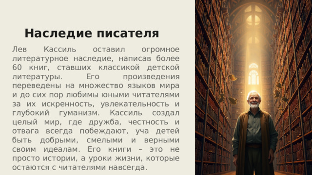 Наследие писателя Лев Кассиль оставил огромное литературное наследие, написав более 60 книг, ставших классикой детской литературы. Его произведения переведены на множество языков мира и до сих пор любимы юными читателями за их искренность, увлекательность и глубокий гуманизм. Кассиль создал целый мир, где дружба, честность и отвага всегда побеждают, уча детей быть добрыми, смелыми и верными своим идеалам. Его книги – это не просто истории, а уроки жизни, которые остаются с читателями навсегда. 