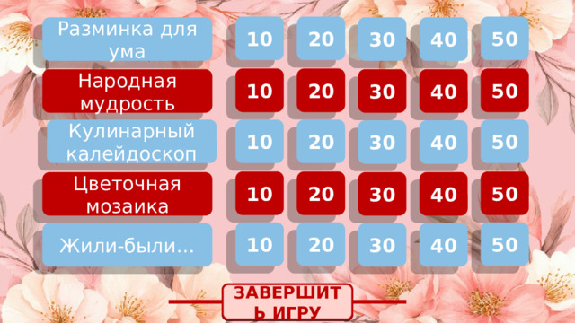 50 10 20 Разминка для ума 40 30 20 50 10 40 30 Народная мудрость Кулинарный калейдоскоп 50 20 10 30 40 20 10 50 30 Цветочная мозаика 40 10 20 50 Жили-были… 30 40 ЗАВЕРШИТЬ ИГРУ 