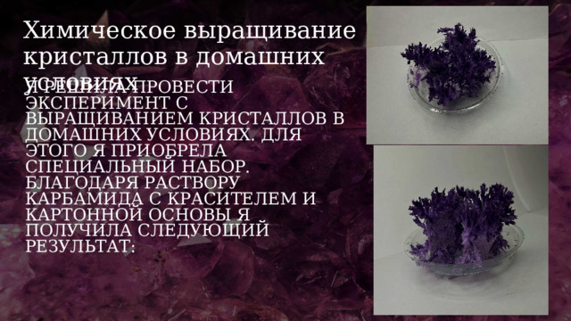 Химическое выращивание кристаллов в домашних условиях Я решила провести эксперимент с выращиванием кристаллов в домашних условиях. Для этого я приобрела специальный набор. благодаря раствору карбамида с красителем и картонной основы я получила следующий результат: 