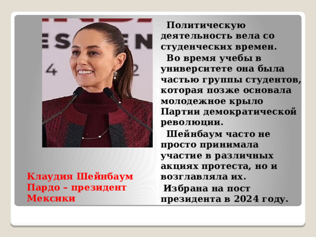  Политическую деятельность вела со студенческих времен.  Во время учебы в университете она была частью группы студентов, которая позже основала молодежное крыло Партии демократической революции.  Шейнбаум часто не просто принимала участие в различных акциях протеста, но и возглавляла их.  Избрана на пост президента в 2024 году. Клаудия Шейнбаум Пардо – президент Мексики 