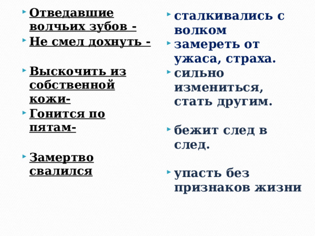Отведавшие волчьих зубов - Не смел дохнуть -  Выскочить из собственной кожи- Гонится по пятам-  Замертво свалился сталкивались с волком замереть от ужаса, страха. сильно измениться, стать другим.  бежит след в след. упасть без признаков жизни 